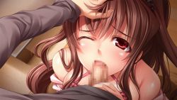 Rule 34 | 1boy, 1girl, brown hair, censored, fellatio, game cg, hand on head, hetero, oral, penis, red eyes, soft circle courreges, tagme, wink