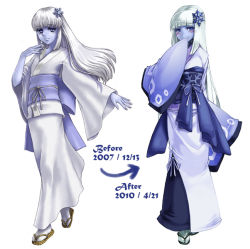 Rule 34 | 1girl, artist progress, before and after, blue eyes, blue skin, colored skin, comparison, hair ornament, ice crystal, japanese clothes, kenkou cross, kimono, long hair, monster girl, monster girl encyclopedia, official art, original, sandals, silver hair, snowflake hair ornament, yuki onna, yuki onna (monster girl encyclopedia)