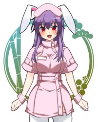 Rule 34 | 1girl, animal ears, bamboo, blush, breasts, fang, hat, highres, id card, large breasts, light purple hair, long hair, looking at viewer, nurse, nurse cap, open mouth, purple hair, rabbit ears, red eyes, reisen udongein inaba, solo, touhou, very long hair, white legwear, yagami (mukage)