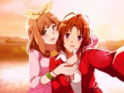Rule 34 | 2girls, :d, bow, bracelet, brown hair, collared shirt, commentary, evening, hair bow, hair ribbon, hibike! euphonium, hug, jacket, jewelry, looking at viewer, multiple girls, nakagawa natsuki, open clothes, open jacket, open mouth, outdoors, outstretched arm, pink bow, pink sweater, purple eyes, red jacket, ribbon, sbel02, shirt, smile, sweater, symbol-only commentary, upper body, white shirt, yellow ribbon, yoshikawa yuuko