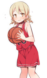 Rule 34 | 1girl, @ @, ball, bare arms, bare shoulders, basketball, basketball (object), basketball uniform, blush, brown eyes, flying sweatdrops, hair between eyes, holding, holding ball, idolmaster, idolmaster cinderella girls, light brown hair, long hair, morikubo nono, parted lips, red shorts, red tank top, revision, ringlets, short shorts, shorts, simple background, solo, sportswear, sweat, tank top, uccow, white background
