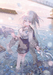 Rule 34 | 1girl, black footwear, black sailor collar, black skirt, blue flower, blush, bridge, briefcase, closed mouth, commentary request, day, flower, fringe trim, grey hair, grey scarf, grey shirt, hair between eyes, hair ornament, highres, holding, holding flower, ibara riato, loafers, long hair, original, outdoors, pleated skirt, purple eyes, railing, sailor collar, scarf, school briefcase, school uniform, serafuku, shirt, shoes, unworn shoes, skirt, solo, standing, very long hair, wading, water