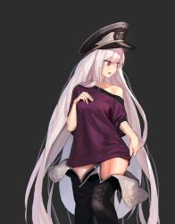Rule 34 | 1girl, bad id, bad pixiv id, black background, boots, girls&#039; frontline, highres, kar98k (girls&#039; frontline), long hair, open mouth, red eyes, shirt, silver hair, simple background, solo, t-shirt, tagme, tai (e3d1p), thighhighs, thighs, very long hair