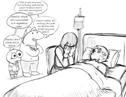 Rule 34 | 1girl, 3boys, bed, character request, charlie dompler, commentary, english commentary, english text, greyscale, gundam, highres, indoors, kamille bidan, lying, monochrome, multiple boys, on back, on chair, pillow, pim pimling, simple background, sitting, smiling friends, theupbringer, white background, zeta gundam
