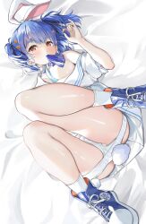 Rule 34 | 1girl, \m/, absurdres, animal ears, arm up, bed sheet, blue footwear, blue hair, blue ribbon, blush, breasts, carrot hair ornament, choker, earrings, food-themed hair ornament, frown, hair ornament, hazuki yuzuru, highres, hololive, jewelry, knees together feet apart, legs, legs up, looking at viewer, lying, miniskirt, neckerchief, neckerchief in mouth, on back, panties, rabbit-shaped pupils, rabbit earrings, rabbit ears, rabbit girl, rabbit tail, red eyes, ribbon, sailor collar, school uniform, serafuku, shoes, short twintails, skirt, small breasts, socks, solo, symbol-shaped pupils, tail, tearing up, tears, thick eyebrows, thighs, tied ears, twintails, underwear, usada pekora, usada pekora (casual), virtual youtuber, white choker, white panties, white sailor collar