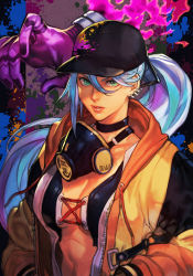 Rule 34 | 1girl, abs, aqua eyes, blue hair, breasts, choker, cleavage, disembodied hand, earrings, hat, hungry clicker, isla (kof), jacket, jewelry, light blue hair, lips, long hair, looking at viewer, mask, mask around neck, medium breasts, multicolored background, nail polish, ponytail, respirator, solo, the king of fighters, the king of fighters xv, upper body