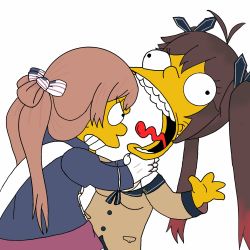 Rule 34 | 2girls, angry, artist request, asphyxiation, colored skin, commentary request, eyes visible through hair, flat color, girls&#039; frontline, gloves, highres, korean commentary, m14 (girls&#039; frontline), matt groening (style), multiple girls, name connection, open mouth, pocket, school uniform, serafuku, springfield (girls&#039; frontline), strangling, the simpsons, tongue, tongue out, toon (style), twintails, yellow skin