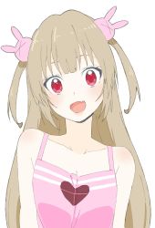 Rule 34 | 1girl, absurdres, bad id, bad twitter id, blush, breasts, cleavage, collarbone, donguri suzume, dress, fang, hair ornament, head tilt, highres, light brown hair, long hair, looking at viewer, natori sana, open mouth, pink dress, rabbit hair ornament, red eyes, sana channel, sleeveless, solo, two side up, virtual youtuber