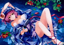 Rule 34 | 1girl, absurdres, ankle lace-up, ankle ribbon, arm above head, arms up, bare legs, bare shoulders, barefoot, blue dress, breasts, cleavage, crease, cross-laced footwear, dress, feet, female focus, flower, hat, highres, holding, holding flower, japanese clothes, kimono, large breasts, leaf, leg ribbon, looking at viewer, lying, mob cap, non-web source, on back, paint musume, partially submerged, pico (picollector79), pink eyes, pink hair, ribbon, saigyouji yuyuko, scan, short hair, solo, touhou, triangular headpiece, water
