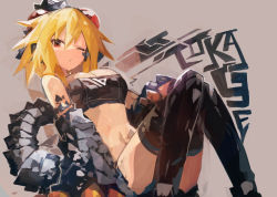Rule 34 | 1girl, absurdres, black thighhighs, blonde hair, breasts, character name, cleavage, fang, female focus, grey background, highres, kaamin (mariarose753), looking at viewer, monster girl, one eye closed, original, red eyes, simple background, solo, strapless, tail, thighhighs, tokage (kaamin), tube top