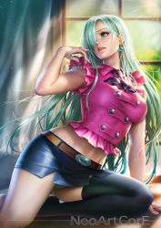 Rule 34 | 1girl, aqua hair, arm support, arm up, armpit peek, artist name, ascot, bare arms, black ascot, black skirt, black thighhighs, blue eyes, blurry, blurry background, blush, breasts, commentary, curtains, day, depth of field, earrings, elizabeth liones, frilled shirt, frills, green panties, hair over one eye, indoors, jewelry, kneeling, leaning to the side, light rays, lips, long hair, looking away, looking to the side, medium breasts, midriff peek, miniskirt, nanatsu no taizai, neoartcore, panties, pantyshot, parted lips, patreon logo, patreon username, pink shirt, shiny clothes, shirt, short sleeves, single thighhigh, skirt, smile, solo, straight hair, sunbeam, sunlight, thighhighs, underwear, upskirt, very long hair, window