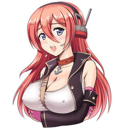 Rule 34 | 1girl, azur lane, bare shoulders, blue eyes, blush, breasts, choker, cleavage, commentary request, covered erect nipples, detached sleeves, hair between eyes, headset, kishi nisen, large breasts, long hair, looking at viewer, open mouth, pink hair, ranger (azur lane), shirt, simple background, solo, white background
