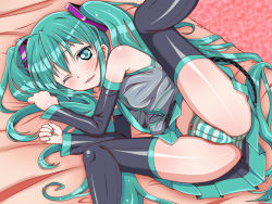 Rule 34 | 1girl, bad id, bad pixiv id, bed, cameltoe, detached sleeves, green eyes, green hair, green skirt, hatsune miku, j (shining-next), long hair, lying, matching hair/eyes, miniskirt, necktie, one eye closed, panties, pleated skirt, shiny skin, skirt, solo, spread legs, striped clothes, striped panties, thighhighs, twintails, underwear, very long hair, vocaloid, wink