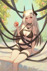 Rule 34 | 1girl, absurdres, apple, arknights, armlet, bare shoulders, bikini, black bikini, black ribbon, breasts, bush, cleavage, closed mouth, collar, day, dhsl, feet out of frame, flower, food, fruit, grey hair, hair flower, hair ornament, highres, holding, holding food, holding fruit, horns, infection monitor (arknights), jewelry, large breasts, long hair, looking at viewer, mudrock (arknights), mudrock (silent night) (arknights), navel, necklace, official alternate costume, outdoors, pointy ears, red eyes, ribbon, sitting, smile, solo, swimsuit, very long hair, yellow flower