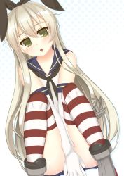 Rule 34 | 10s, 1girl, bad id, bad pixiv id, elbow gloves, gloves, green eyes, hairband, kantai collection, light brown hair, long hair, looking at viewer, megumuxxx, open mouth, patterned legwear, red stripes, school uniform, serafuku, shimakaze (kancolle), sitting, solo, striped clothes, striped thighhighs, thighhighs, two-tone stripes, white stripes