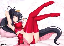 Rule 34 | 1girl, absurdres, ahoge, arm up, armpits, ass, black hair, bra, breasts, choker, full body, hair ribbon, high school dxd, highres, himejima akeno, kaos art, large breasts, leaf, leaf background, legs up, lingerie, lips, long hair, looking at viewer, lying, on back, panties, parted lips, pillow, ponytail, purple eyes, red bra, red choker, red panties, red thighhighs, ribbon, solo, thighhighs, underboob, underwear, very long hair