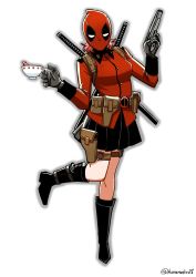 Rule 34 | 1girl, belt, black footwear, black gloves, black skirt, boot knife, boots, commentary, cosplay, cup, deadpool, deadpool (cosplay), deadpool (series), epaulettes, full body, girls und panzer, gloves, gun, handgun, highres, holding, holding cup, holding gun, holding weapon, hone (honehone083), jacket, katana, knife, leg up, long sleeves, looking at viewer, marvel, mask, medium hair, military, military uniform, miniskirt, pleated skirt, pouch, red hair, red jacket, rosehip (girls und panzer), simple background, skirt, solo, st. gloriana&#039;s military uniform, standing, standing on one leg, sword, sword behind back, tea, teacup, thigh pouch, thigh strap, uniform, utility belt, weapon, white background