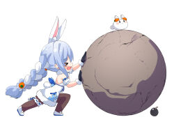 Rule 34 | &gt; &lt;, 1girl, ame., animal ear fluff, animal ears, black gloves, blue hair, blush stickers, bomb, boulder, braid, brown pantyhose, carrot hair ornament, closed eyes, commentary request, detached sleeves, don-chan (usada pekora), dress, explosive, food-themed hair ornament, fur-trimmed dress, fur-trimmed gloves, fur trim, gloves, hair ornament, highres, hololive, long hair, low twintails, multicolored hair, open mouth, pantyhose, pekomon (usada pekora), profile, puffy short sleeves, puffy sleeves, rabbit ears, rabbit girl, rabbit tail, short eyebrows, short sleeves, simple background, strapless, strapless dress, tail, the game of sisyphus, thick eyebrows, twin braids, twintails, two-tone hair, usada pekora, very long hair, wavy mouth, white background, white dress, white hair, white sleeves
