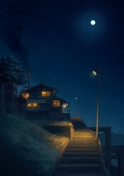 Rule 34 | building, chimney, commentary request, full moon, grass, highres, hill, house, moon, mountain, mountainous horizon, night, night sky, no humans, original, outdoors, pochi (poti1990), scenery, sky, smoke, stairs, stairwell, star (sky), starry sky, tree, window
