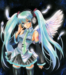Rule 34 | 1girl, aqua eyes, aqua hair, breasts, detached sleeves, feathers, female focus, hatsune miku, headphones, long hair, nami pontax, necktie, outdoors, skirt, sky, solo, thighhighs, traditional media, twintails, very long hair, vocaloid, wings