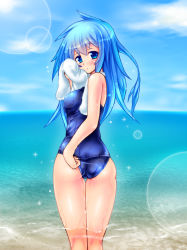 Rule 34 | 1girl, ass, blue eyes, blue hair, breasts, cloud, day, duel monster, eria the water charmer, kogarashi (wind of winter), lens flare, long hair, looking at viewer, looking back, medium breasts, one-piece swimsuit, partially submerged, school swimsuit, sky, swimsuit, towel, water, wet, yu-gi-oh!