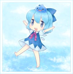 Rule 34 | 1girl, arms up, barefoot, blue eyes, blue hair, border, bow, chibi, cirno, crossover, dragon quest, dress, embodiment of scarlet devil, female focus, full body, gradient background, hair bow, happy, matching hair/eyes, mg, object on head, short hair, slime (creature), slime (dragon quest), solo, touhou, water