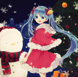 Rule 34 | 1girl, bell, blue eyes, blue hair, christmas, christmas tree, gift, hair bell, hair ornament, hair ribbon, hat, hatsune miku, highres, long hair, looking at viewer, matching hair/eyes, open mouth, ribbon, santa hat, scarf, sentaro207, skirt, snowflakes, snowman, solo, twintails, very long hair, vocaloid