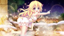 Rule 34 | 1girl, ass, bamboo fence, blonde hair, breasts, dot nose, fence, film grain, floral print, game cg, hasegawa mii, izumi tsubasu, lens flare, long hair, looking at viewer, looking back, mountainous horizon, naked towel, night, night sky, non-web source, official art, onsen, open mouth, outdoors, pointing, print towel, purple eyes, re:stage!, rock, sky, small breasts, smile, snow, solo, sparkle, sparkling eyes, star (sky), star (symbol), star print, starry sky, teeth, towel, town, tree, upper teeth only, white towel