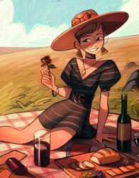 Rule 34 | 1girl, arm support, belt, blanket, bottle, bracelet, brand name imitation, bread, choker, cloud, cloudy sky, commentary, day, dress, earrings, english commentary, flower, food, friedbaens, fruit, glass, glasses, grapes, highres, holding, holding flower, jewelry, looking at viewer, meadow, necklace, on ground, original, outdoors, rose, round eyewear, short hair, sitting, sky, solo, striped clothes, striped dress, triangle earrings, wine bottle, yokozuwari