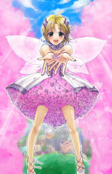 Rule 34 | 1girl, ballet slippers, blonde hair, blue eyes, blue sky, blush, bow, brown eyes, cherry blossoms, choker, da (room), day, dress, fairy, fairy wings, floating, flower, flying, frilled dress, frills, hair ornament, light rays, looking at viewer, mikami mika, original, outdoors, outstretched arms, pink dress, pink theme, plant, ribbon, short hair, sky, solo, spring (season), sunlight, tree, wings