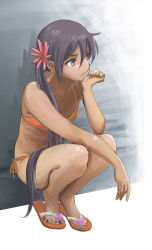 Rule 34 | 1girl, akebono (kancolle), bell, bikini, commentary request, flat chest, flower, hair bell, hair flower, hair ornament, halterneck, jingle bell, kantai collection, long hair, looking to the side, loose bikini, luciwo, one-hour drawing challenge, orange bikini, purple eyes, purple hair, sandals, side-tie bikini bottom, side ponytail, solo, squatting, swimsuit, very long hair