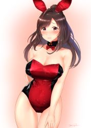 Rule 34 | 1girl, animal ears, arm behind back, bare arms, bare shoulders, blush, bow, bowtie, breasts, brown hair, cleavage, collarbone, covered erect nipples, cowboy shot, detached collar, dutch angle, fake animal ears, floral print, gluteal fold, idolmaster, idolmaster shiny colors, large breasts, leotard, long hair, looking at viewer, nose blush, parted lips, playboy bunny, ponytail, print leotard, purple eyes, rabbit ears, red bow, red bowtie, red leotard, signature, solo, strapless, strapless leotard, sweat, swept bangs, tareme, thigh gap, tsukioka kogane, wattsu