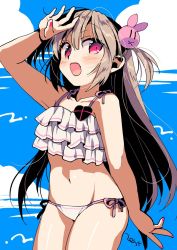 Rule 34 | 1girl, arm up, bad id, bad twitter id, bikini, blush, collarbone, commentary, day, fang, hair ornament, heart, light brown hair, long hair, nail polish, natori sana, navel, open mouth, pink nails, rabbit hair ornament, red eyes, sana channel, side-tie bikini bottom, sky, smile, solo, swimsuit, two side up, virtual youtuber, white bikini, zest (lossol)
