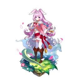 Rule 34 | 1girl, animal ears, boots, dagger, dragalia lost, full body, knife, long hair, melsa, midriff, non-web source, official art, pink hair, plant roots, purple eyes, rabbit ears, saitou naoki, skirt, solo, thighhighs, transparent background, wavy mouth, weapon