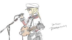 Rule 34 | 1girl, 2019, anchor, artist name, bad id, bad twitter id, bass guitar, black skirt, blonde hair, capelet, celtic knot, commentary request, cowboy shot, cross, dated, from side, graf zeppelin (kancolle), hat, highres, holding, holding microphone, instrument, iron cross, jacket, kantai collection, long sleeves, microphone, microphone stand, military, military hat, military uniform, miniskirt, necktie, no gloves, peaked cap, pleated skirt, rie (lierra), sidelocks, simple background, skirt, solo, twintails, twitter username, uniform, white background
