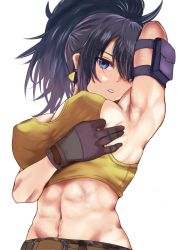 Rule 34 | 1girl, abs, ammunition pouch, araimooah, armlet, armpits, bare shoulders, belt, blue eyes, blue hair, breasts, covering nipples, covering privates, dog tags, earrings, gloves, jewelry, large breasts, leona heidern, md5 mismatch, midriff, military, military uniform, muscular, muscular female, navel, pants, ponytail, pouch, presenting armpit, resolution mismatch, simple background, sleeveless, solo, source larger, spread armpit, standing, sweatdrop, tank top, the king of fighters, the king of fighters xiv, the king of fighters xv, triangle earrings, uniform, white background, yellow tank top