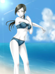 Rule 34 | 1girl, bikini, black hair, blush, brown eyes, colored skin, day, highres, long hair, navel, nintendo, parted lips, ponytail, solo, striped bikini, striped clothes, swimsuit, white skin, wii fit, wii fit trainer, wii fit trainer (female), yuino (fancy party)