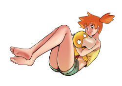 Rule 34 | 1girl, barefoot, closed mouth, creatures (company), denim, denim shorts, game freak, gen 1 pokemon, hair ornament, hug, looking at viewer, misty (pokemon), nintendo, orange hair, pokemon, pokemon (anime), pokemon (classic anime), psyduck, red suspenders, sherrywn, shorts, smile, soles, suspenders, tank top, toes, yellow tank top
