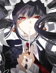 Rule 34 | 1girl, black jacket, black nails, celestia ludenberg, center frills, danganronpa: trigger happy havoc, danganronpa (series), dated, drill hair, earrings, frills, happy birthday, highres, jacket, jewelry, long hair, looking at viewer, mikuroron, nail polish, open clothes, open jacket, parted lips, red eyes, smile, solo, teeth, twin drills, twintails, upper body