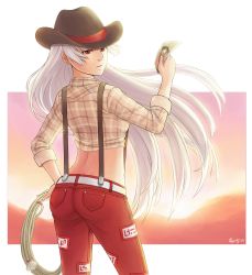 Rule 34 | 1girl, alternate costume, ass, belt, contemporary, cowboy, cowboy hat, cowboy shot, denim, expressionless, from behind, fujiwara no mokou, hand on own hip, hat, highres, houraisan kaguya, jeans, lasso, lens flare, long hair, long sleeves, looking back, midriff, mountain, pants, photo (object), plaid, plaid shirt, red eyes, reiji-rj, shirt, signature, silver hair, sleeves rolled up, solo, sunset, suspenders, touhou, cowboy western, wind