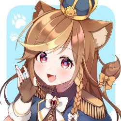 Rule 34 | 1girl, :3, :d, animal ear fluff, animal ears, animal print, armor, black gloves, bow, braid, brown hair, commission, crown, fang, fingerless gloves, fingernails, gloves, hazumi aileen, highres, indie virtual youtuber, jewelry, light blue background, long hair, looking at viewer, mixed-language commentary, multicolored eyes, multicolored hair, nail polish, open hand, open mouth, pauldrons, paw print, purple eyes, red nails, shoulder armor, smile, solo, sorata reon, swept bangs, tail, tail bow, tail ornament, two-tone hair, virtual youtuber, yellow bow