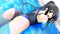 Rule 34 | 1girl, :d, ass, bad id, bad pixiv id, black hair, blue eyes, dutch angle, from above, hagetaka, long hair, looking at viewer, looking back, one-piece swimsuit, open mouth, original, ponytail, pool, poolside, school swimsuit, smile, solo, swimsuit, water, wet
