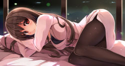 Rule 34 | 1girl, arm pillow, black pantyhose, blurry, blush, bokeh, breasts, brown hair, buttons, depth of field, eyebrows, glass, highres, jacket, large breasts, long hair, long sleeves, looking at viewer, lying, miniskirt, on bed, on side, original, pantyhose, pencil skirt, pillow, red eyes, side slit, skirt, solo, white jacket, white skirt, yumemi (kiowa)