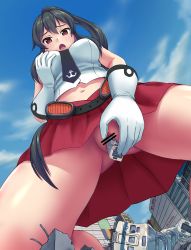 Rule 34 | 1girl, absurdres, aoigai, black necktie, blush, breasts, censored, city, day, destruction, female masturbation, from below, giant, giantess, gloves, grabbing own breast, highres, kantai collection, kneeling, large breasts, long hair, looking at viewer, looking down, masturbation, navel, necktie, no panties, object insertion, open mouth, outdoors, pleated skirt, ponytail, pussy, red eyes, red skirt, sailor collar, size difference, skirt, solo, solo focus, spread legs, train, vaginal, vaginal object insertion, very long hair, white gloves, yahagi (kancolle)