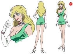 Rule 34 | 1girl, beads, blonde hair, bracelet, breasts, character sheet, choker, cinderella boy, cleavage, dress, earrings, elbow gloves, from behind, gloves, green eyes, hand on own hip, high heels, jewelry, kobayashi toshimitsu, large breasts, legs, lipstick, long hair, long legs, makeup, multiple views, necklace, no bra, rella cindy shirayuki, shoes, short dress, simple background, smile, standing, turnaround, upper body, white gloves