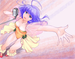 Rule 34 | 1girl, ahoge, arm up, armpits, blue eyes, blue hair, breasts, cleavage, creamy mami, from above, jewelry, kemi, kemi433, kemi (kemi433), leotard, lips, long hair, looking up, mahou no tenshi creamy mami, matching hair/eyes, microphone, morisawa yuu, necklace, outstretched arm, see-through, shoes, showgirl skirt, smile, solo
