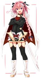 Rule 34 | 1boy, absurdres, astolfo (fate), black thighhighs, blush, braid, cape, fang, fate/apocrypha, fate (series), full body, garter straps, hair intakes, hair ribbon, highres, long hair, looking at viewer, male focus, open mouth, pink hair, purple eyes, ribbon, single braid, smile, solo, sword, thighhighs, trap, weapon, yutchin