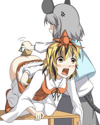 Rule 34 | 2girls, all fours, anal, anal object insertion, anger vein, animal ears, arinomamani, ass, bishamonten&#039;s pagoda, blonde hair, blush, bottomless, capelet, clothes pull, commentary request, grey hair, hair ornament, long sleeves, mouse ears, mouse tail, multicolored hair, multiple girls, nazrin, nori (arinomamani), object insertion, open mouth, shirt, skirt, skirt pull, streaked hair, table, tail, toramaru shou, touhou, vest, wide-eyed, wide sleeves, yellow eyes, yuri