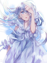 Rule 34 | 1girl, blue dress, blue eyes, blue ribbon, collarbone, detached sleeves, dress, hair over one eye, highres, lips, long hair, looking at viewer, m (neteitai10), original, puffy sleeves, ribbon, silver hair, simple background, solo, white background