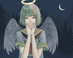 Rule 34 | 00s, 1girl, angel wings, bad id, bad pixiv id, blonde hair, brown eyes, covering own mouth, crescent moon, feathered wings, forest, haibane renmei, halo, moon, nature, night, own hands clasped, own hands together, rakka (haibane), sailor collar, school uniform, serafuku, short hair, short sleeves, solo, torisoboro, wings